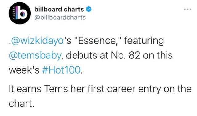 Wizkid's Essence featuring Tems debuts at #82 on billboard hot 100